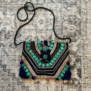 Anthropologie Beaded Envelope Style Bag- Turquoise/Black/Gold/Navy with suede